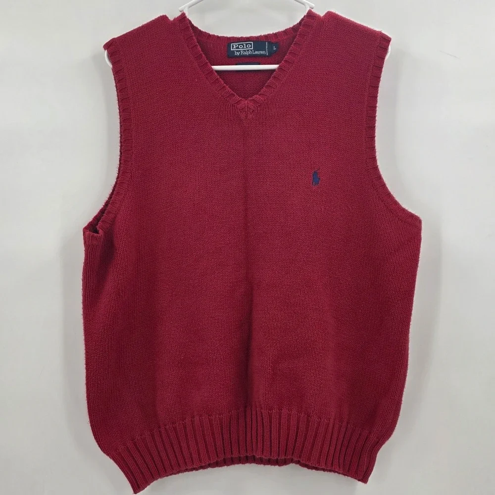 VINTAGE 90S POLO RALPH LAUREN SWEATER VEST MENS LARGE RED BLUE PONY VNECK COTTON